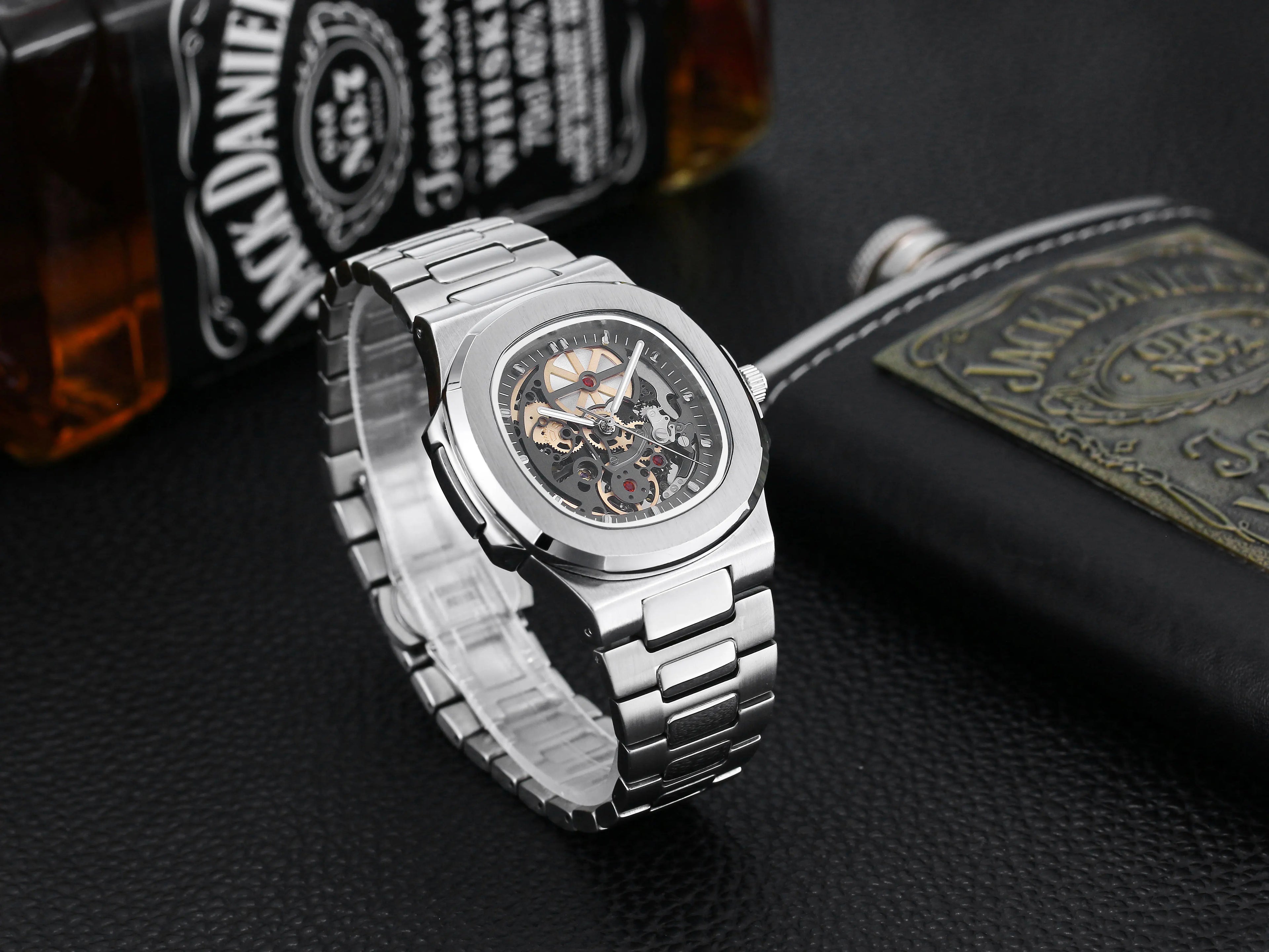 Power Reserve Mechanical Men Wristwatch Skeleton Stainless Steel Powerful Automatic Watches Square Waterproof Hand Clock Gift