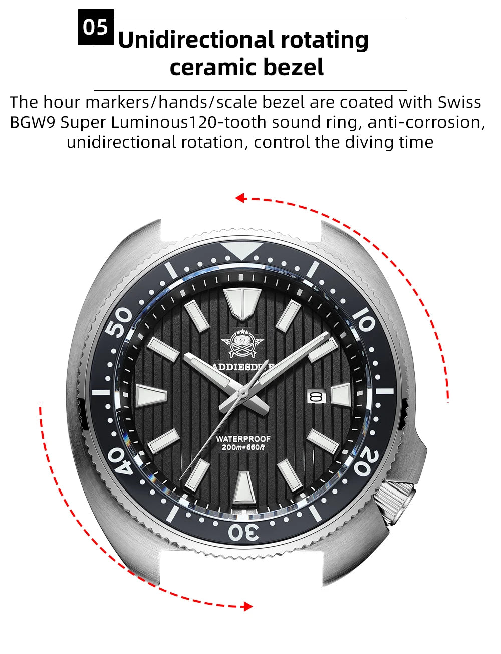 ADDIESDIVE Watch For Man AD2507 Sapphire Crystals Window Display BGW9 Luminous 200M waterproof 316L Stainless Steel Quartz Watch