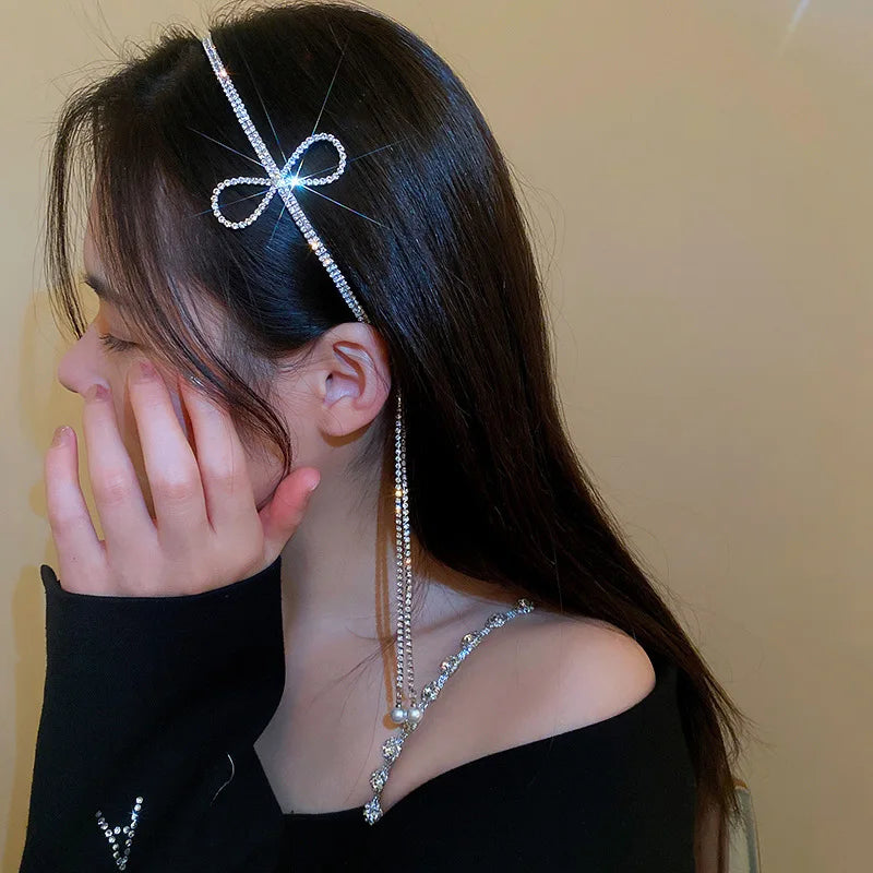 DREJEW Butterfly Hairbands for Women Rhinestone Crystal Long Tassel Chain Headband Simulated Pearl Headwear Hair Accessories