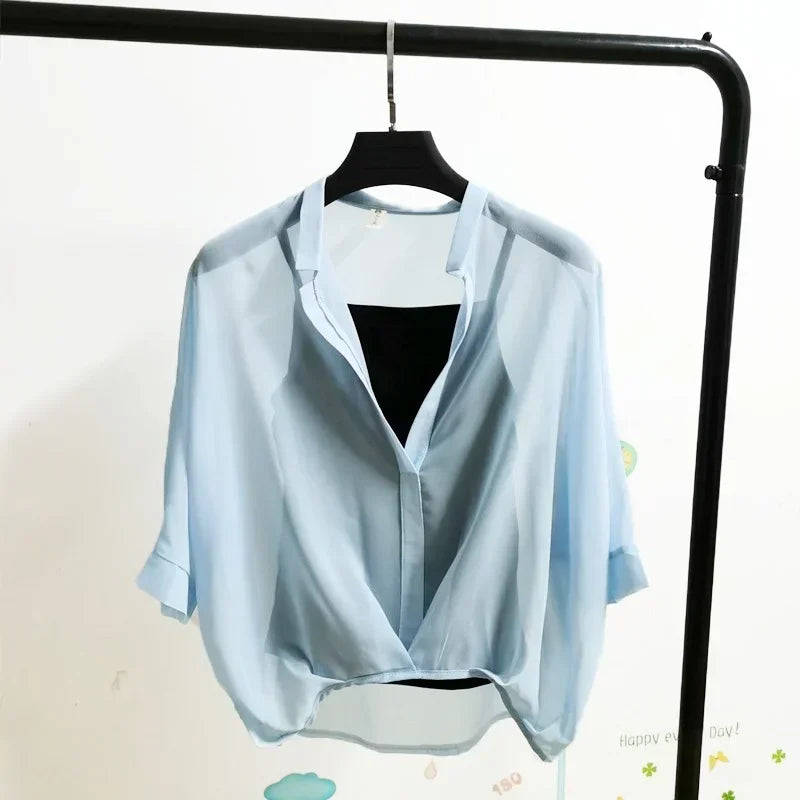 Summer Two Piece Set Chiffon Blouse Half Sleeve Loose V-Neck Women Shirts Elegant Casual Tops
