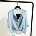 Summer Two Piece Set Chiffon Blouse Half Sleeve Loose V-Neck Women Shirts Elegant Casual Tops