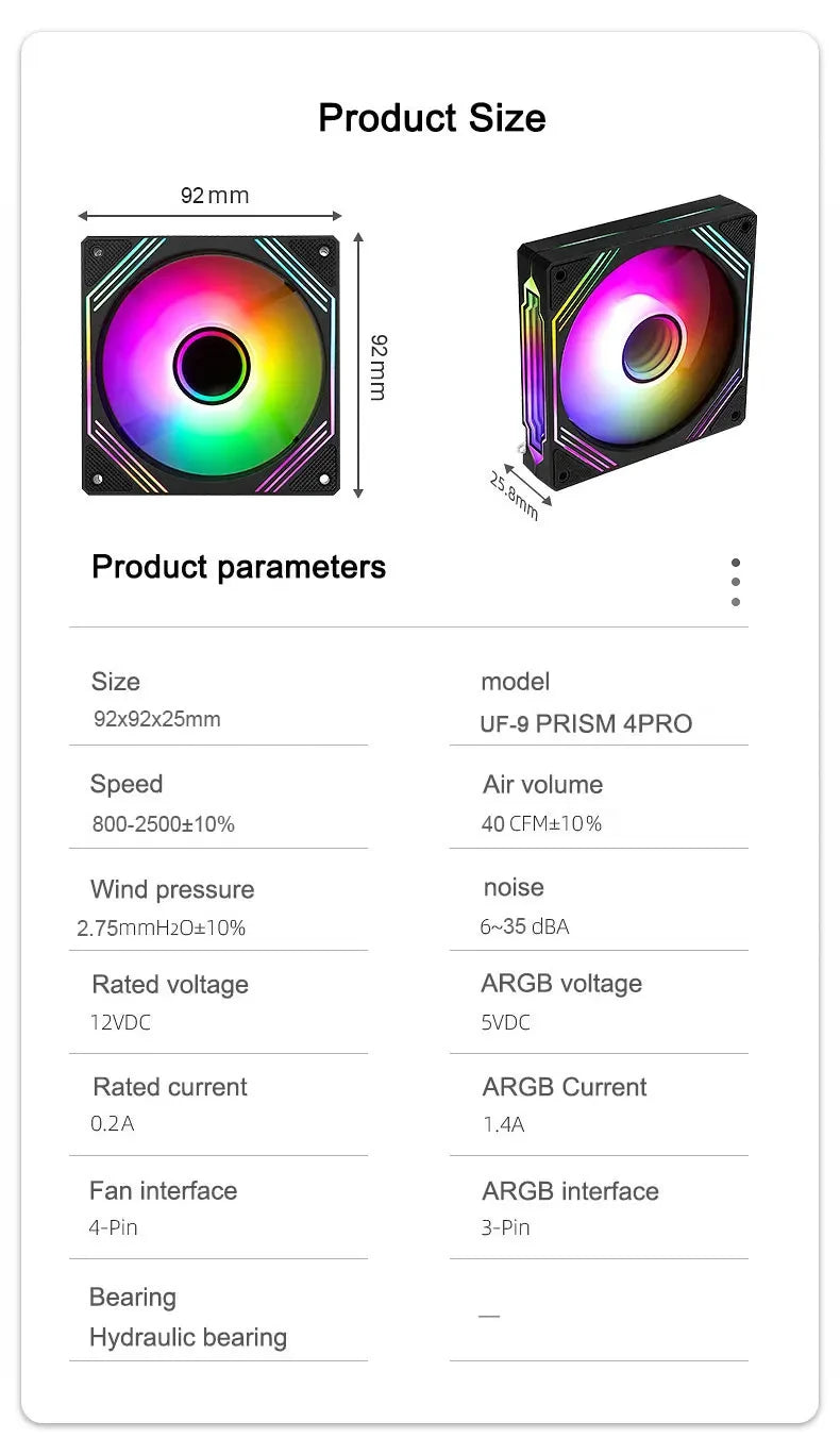 UPSIREN UF-9 PRISM 4 PRO Computer Chassis Fan，92mm ARGB 4 Pin PWM Quiet Cooling Fan 12V Large Air Volume