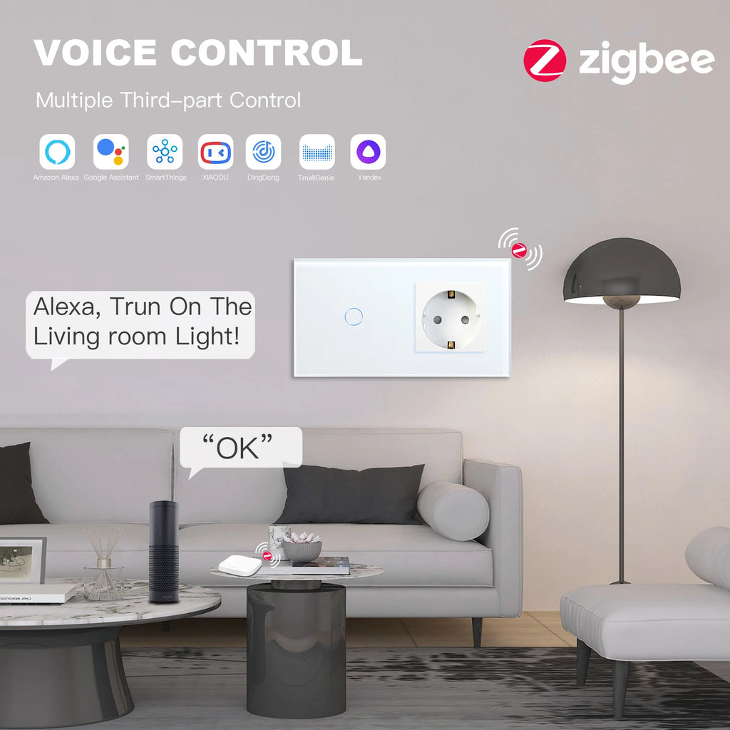 Bseed EU Zigbee Touch Switch 1/2/3Gang 2Way Smart Light Switch Wall Socket USB Type-C Charge Port Tuya Google Home Alexa Control