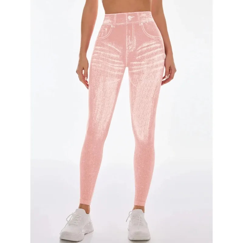 Women's Gym Printed Yoga Tight Pants Seamless High Waisted Denim-like Perforated Fake Pocket Tight Pants Yoga Fitness Leggings