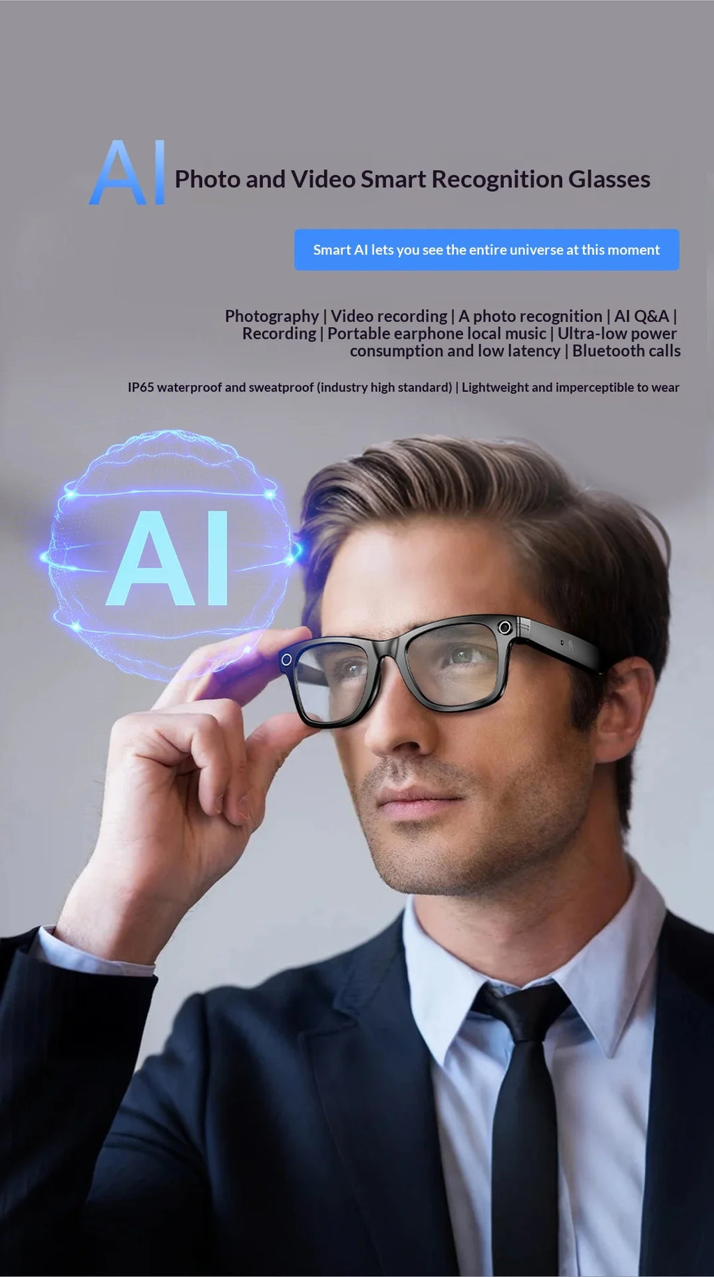 2025 AI Smart Glasses - 8MP Camera for First-Person Vlog, Voice Translation, Music & Calls, IP65 Waterproof, Ultra-Light