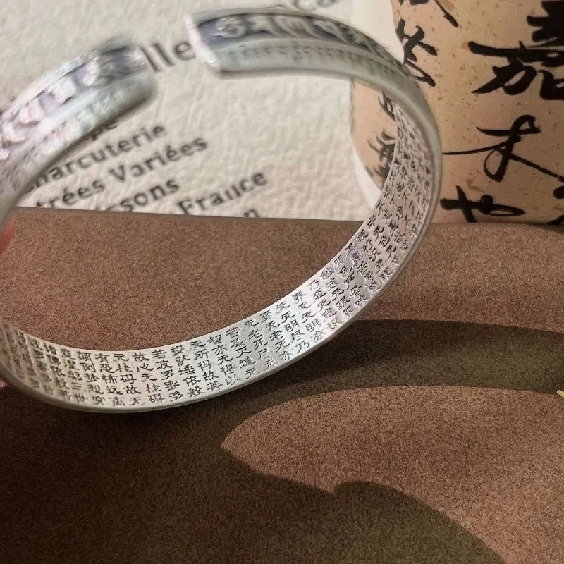 925 Silver Carved Prajnaparamita Heart Sutra Lotus Flower Bracelet Six Character True Words Wide Vintage Bangles Jewelry