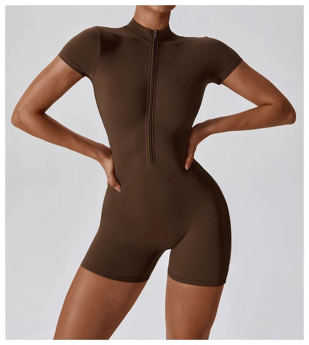Summer Short Sleeve Zipper Jumpsuit Sports Wear Gym Fitness Sports Bodysuits Women Running Fashion Workout Clothes Yoga Clothing
