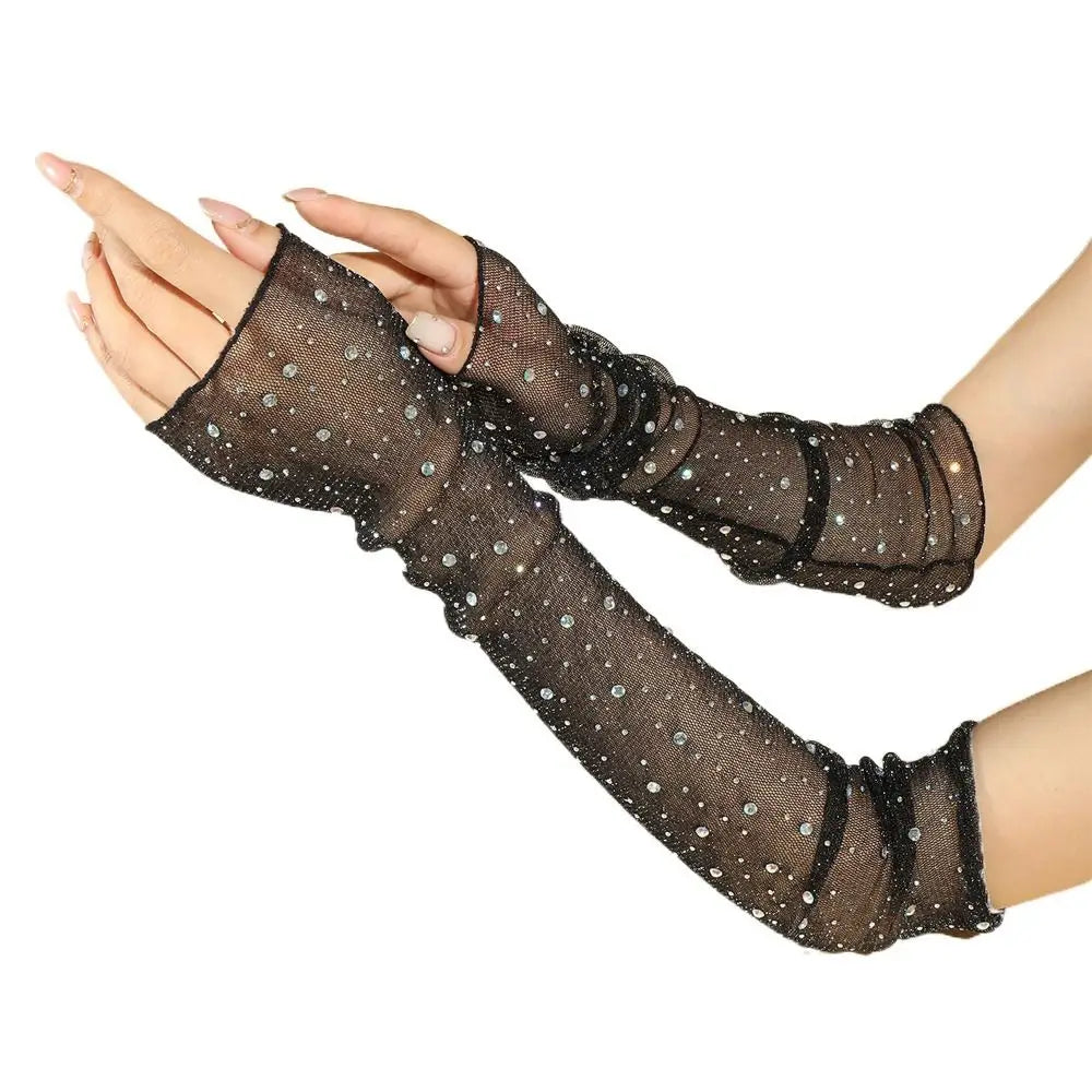 Breathable Summer Lace Gloves Shiny Drill Mesh Yarn Long Fingerless Gloves Arm Cover Sunscreen Arm Sleeves Outdoor Sports
