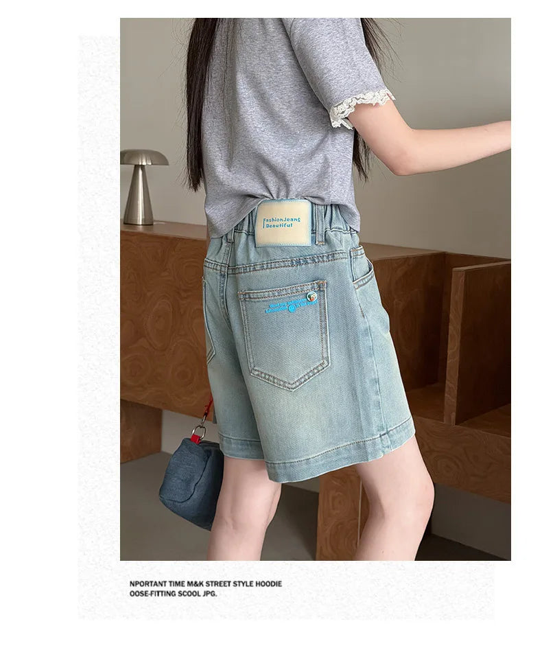 Summer Teenager Girls Denim Shorts Casual Pocket Letters Shorts Junior Girl Kids Clothes 4-14Years