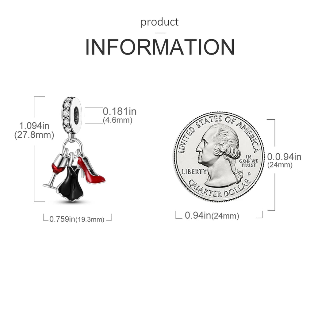 925 Silver Lipstick High Heels Charms For Lady Pendant Fit Original Bracelet DIY Ornament