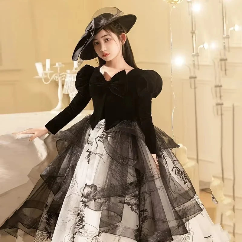 Girls' Spring Dress 3-14y Sweet Girls Floral Puff Long Sleeve PrincessCostumes Vestidos Dresses Kid's Clothes Children's Mes