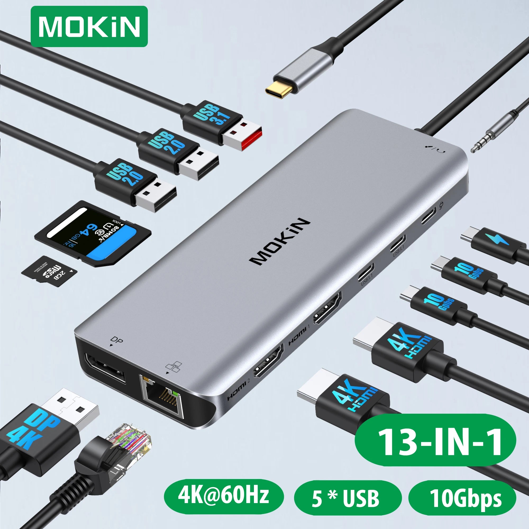 MOKiN USB C HUB 4K60Hz Type C to DP RJ45 SD&TF PD 100W Adapter Dock for MacBook Pro Air M2 M1 3*USB 3.1 10Gbps Splitter usb hub