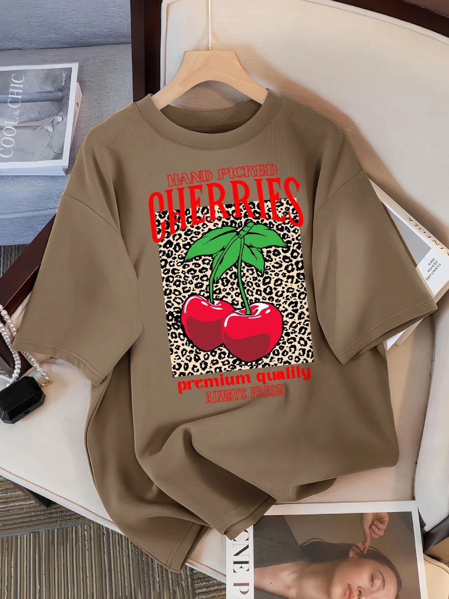 Hand Picked Cherries Always Fresh Printing T-Shirt Women Cotton Crewneck T Shirts Summer Loose Clothes Multicolor Short Sleeve