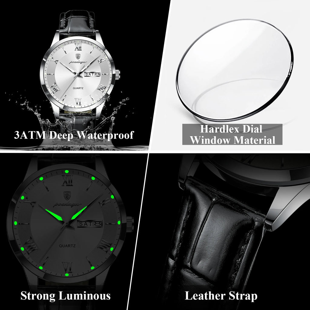 POEDAGAR Classic Luxury Men's Wristwatch Date Week Leather Business Man Watch Waterproof Luminous Fashion Quartz Watches For Men
