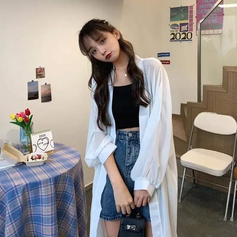 Long Shirts Women Summer Girls Sunscreen Clothing Seethrough Thin Loose Solid Simple Leisure All-match Korean Style Chiffon Tops