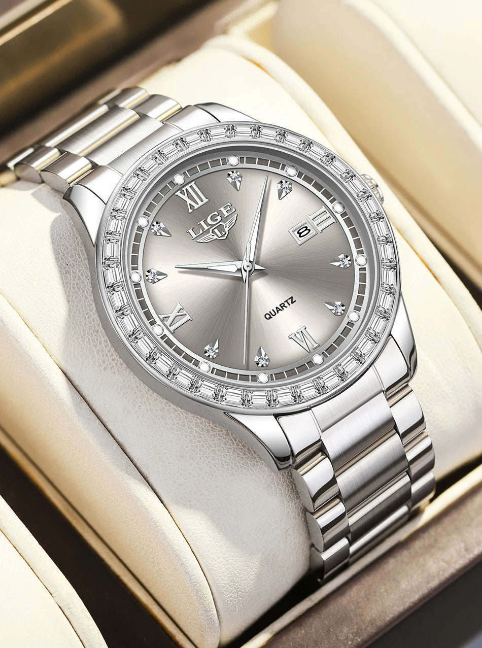 LIGE Creative Diamond Design Watch Women Waterproof Stainless Steel Luminous Ladies Watches Simple Elegant Quartz Wristwatch