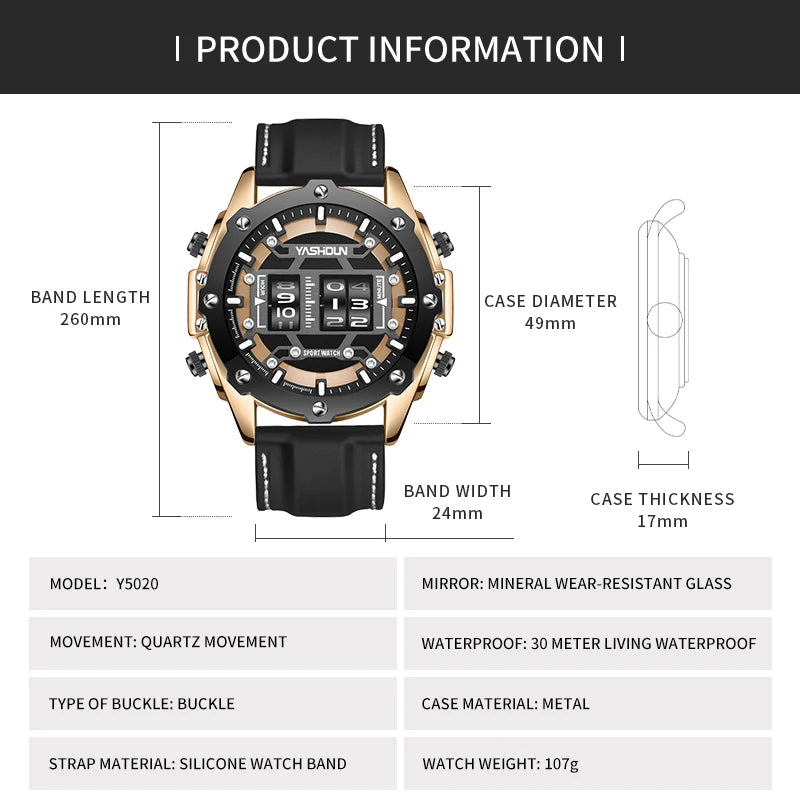 Men Quartz Watch Roller Digital Dial Design Silicone Strap Versatile Wristwatch Clock Waterproof Military Sports Clock