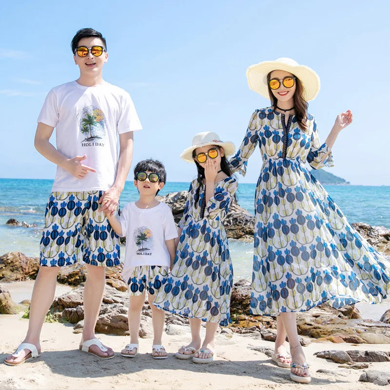 Vacation Look Family Matching Clothes for Parents and Children Outfits Daughter Mom Dress Son Dad T Shirts Shorts Two Piece Sets