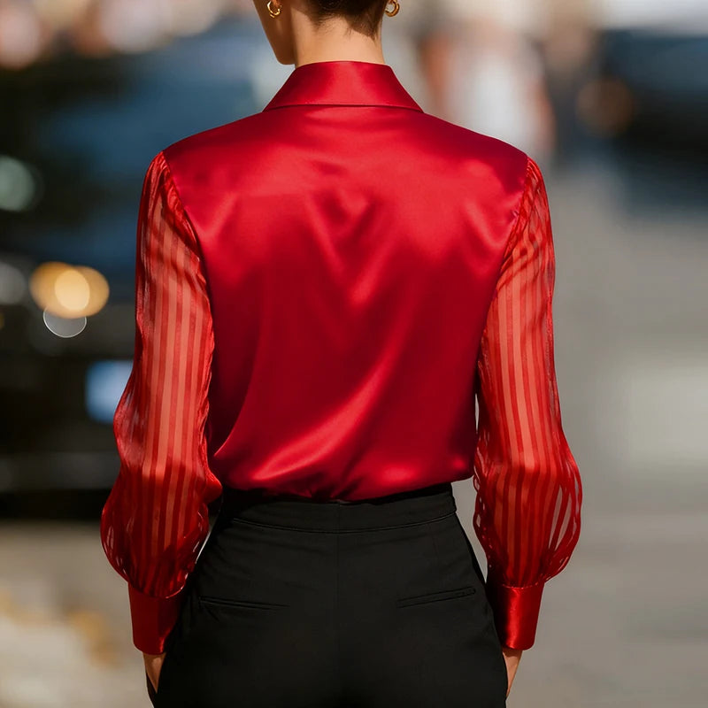 Elegant Blouses For Women Spring Autumn Satin Shirt Women Fashion Flare Long Sleeve Button Silk Blouse All Match Office Lady Top