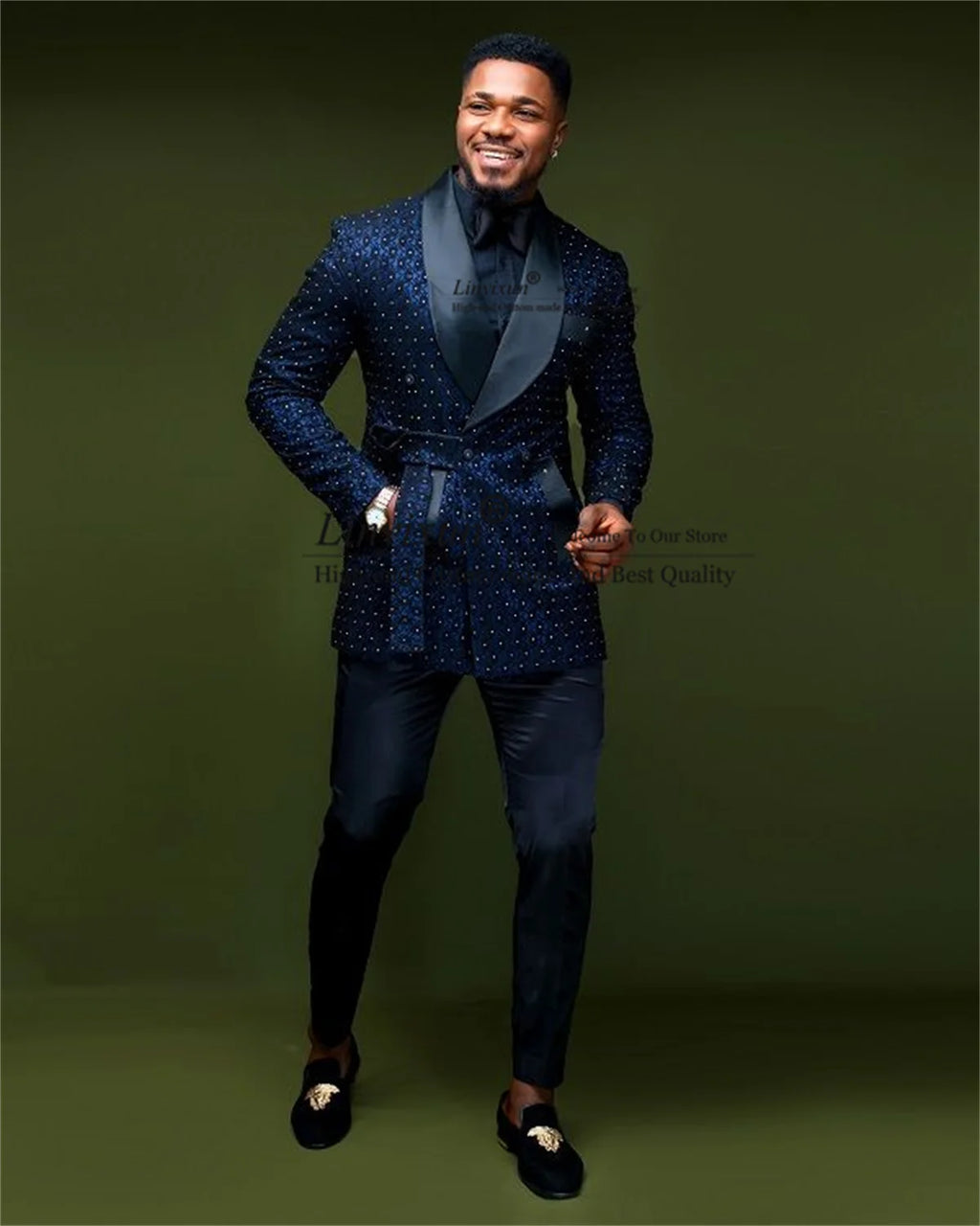 Navy Blue Beaded Men Suits 2 Pieces Set Male Prom Blazer Notched Lapel Groom Wedding Tuxedo Customized Terno Masculinos Completo
