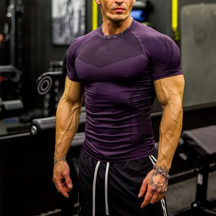 Men's Gothic Style High Elastic Quick Dry Seamless Slim Fit Training T-Shirt Short Sleeve Fitness Clothing for Sports
