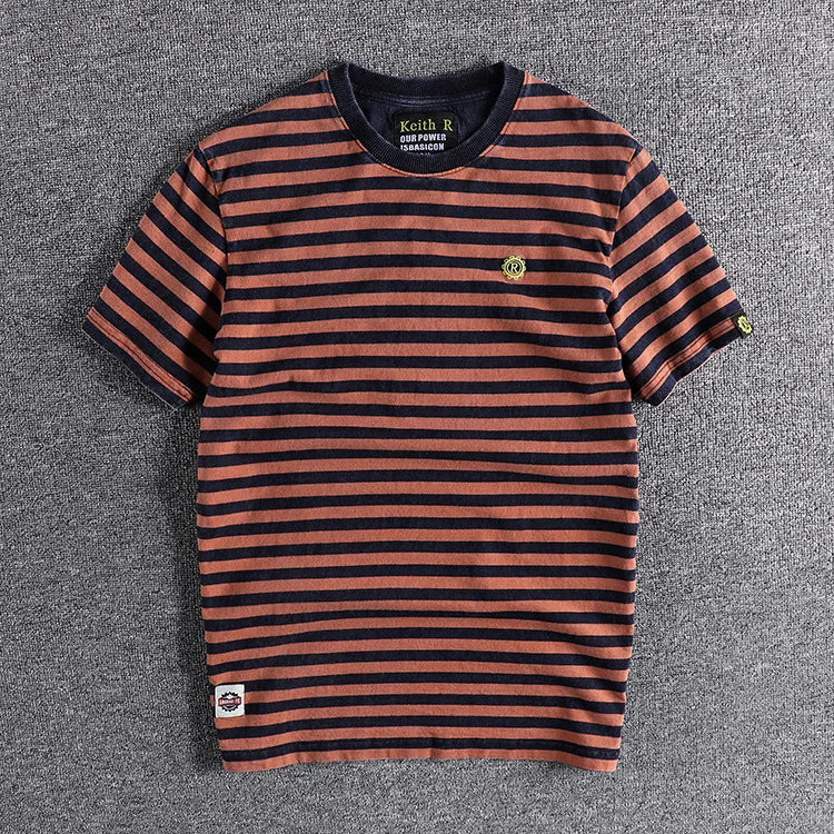 Retro and Aged Casual Short-sleeved T-shirt, High-quality Men's Striped Cotton T-shirt, Sweat-absorbing & Breathable Sports Top