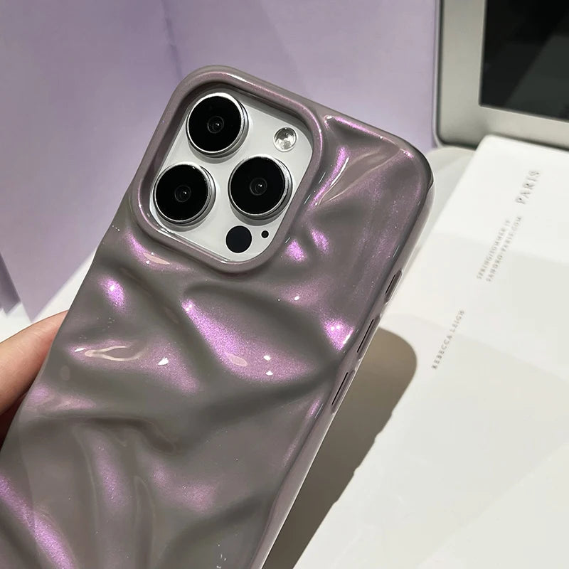Fashion Dazzling Purple Glossy Wrinkled Texture Case For iPhone 16 Pro Max 17 15 14 Plus 13 12 11 Soft Phone Back Cover Shell
