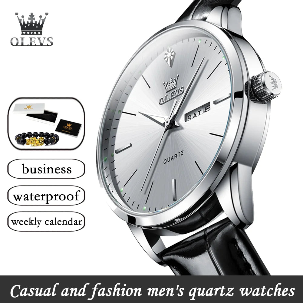 OLEVS 2935 Original Business Men Watch Leather Strap Trend Week Calendar Quartz Watch Luminous Waterproof 43mm Dial wristwatch
