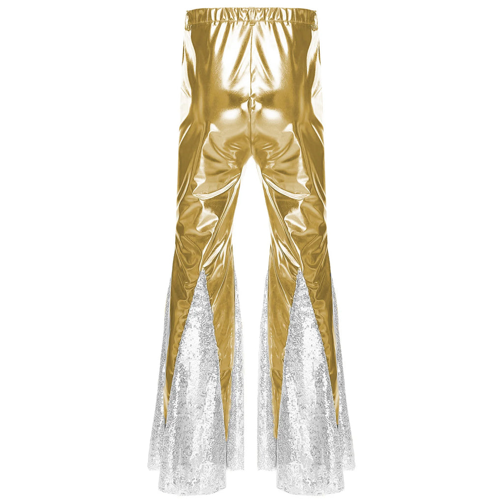 Mens Shiny Metallic 70s Disco Pants Hippie Vintage Costume Dance Party Sequins Bell Bottoms Stage Performance Flared Pants