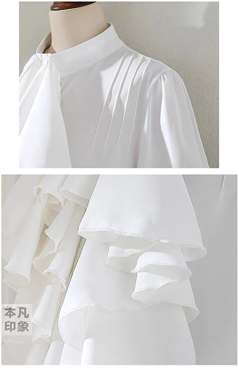 MEXZT Vintage White Shirts Women Elegant Ruffles Flare Long Sleeve Blouses Office Ladies Korean Single Breasted Design Chic Tops
