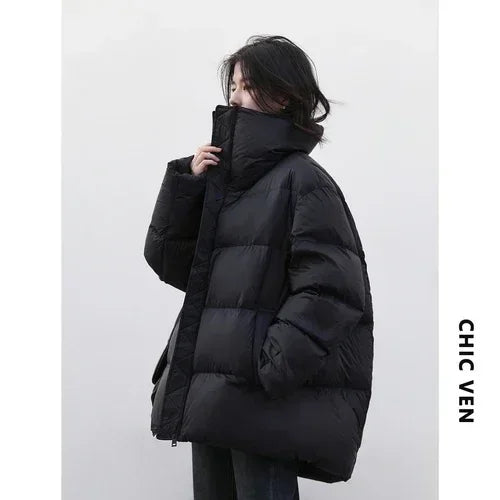 CHIC VEN Women's Down Coats Korean Stand Collar Simple Solid Color Warm Casual Jackets Soft Fashion Female Clothing Winter 2025