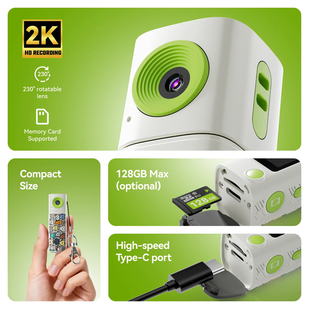 2K HD Thumb Camera, 230° Rotatable Lens with TFT LCD Screen, Lipstick-Style Portable Keychain Camera， Easy Carry for Daily