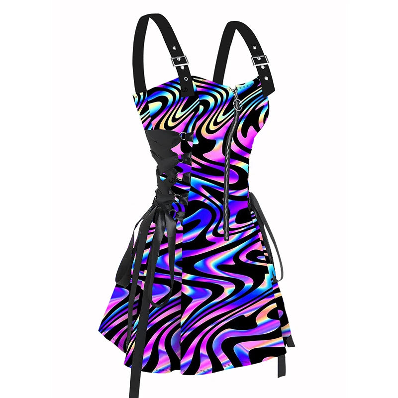 Dressfo 2025 Women's Dress Colorful Textured Graphic Print O-Ring Half Zipper Adjustable Buckle Shoulder Strap Sleeveless Dress