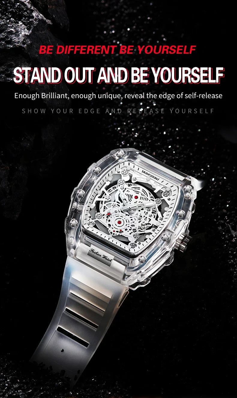 Fashionable Casual Men's Watch Luminous Calendar Function Silicone Strap Tonneau Shaped Transparent Case Men Quartz Watch Reloj