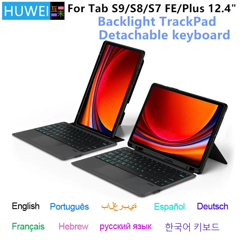 HUWEI Magic Keyboard For Samsung Galaxy Tab S9 S8 S7 Plus FE 12.4" Case Smart Backlit TouchPad Spanish Portuguese Keyboard Cover