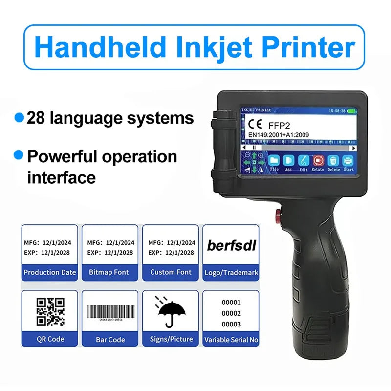 Portable Mini Split Printer 12.7mm Handheld Inkjet Printer 28 Languages Non-encrypted QR Barcode Image Logo Date Coding Machine