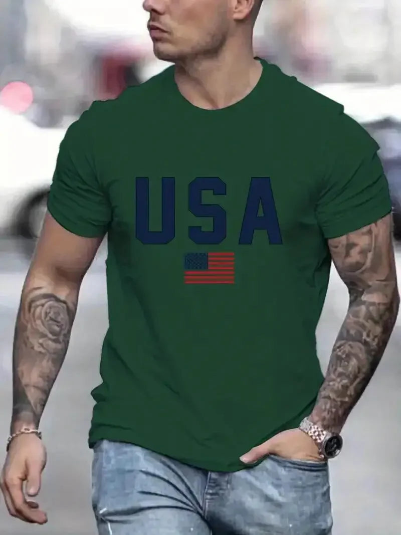 'USA' Pattern Print Men's Comfy T-shirt, Graphic Tee Men's Summer Outdoor Clothes, Men's Clothing, Tops for Men