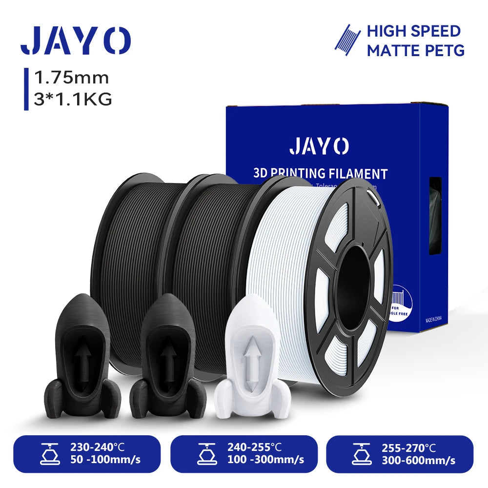 JAYO PETG/High Speed Matte PETG 3D Printing Filament 1.75MM Mix-Colors & No bubbles &Non-toxic For 3D Printer & Pen 3Rolls