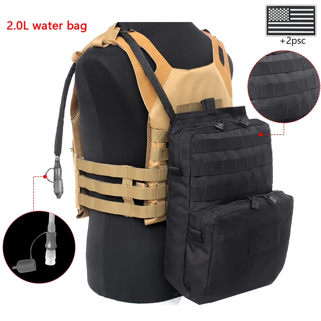 Outdoor sports drinking equipment: 2L large-capacity water bag + molle backpack, suitable for hiking, camping, and cycling