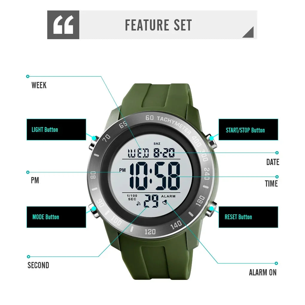 SKMEI 1524 2 Time LED Digital Wristwatches For Mens Waterproof Chrono Count Down Male Hour montre homme Big Dial Sport Men Watch