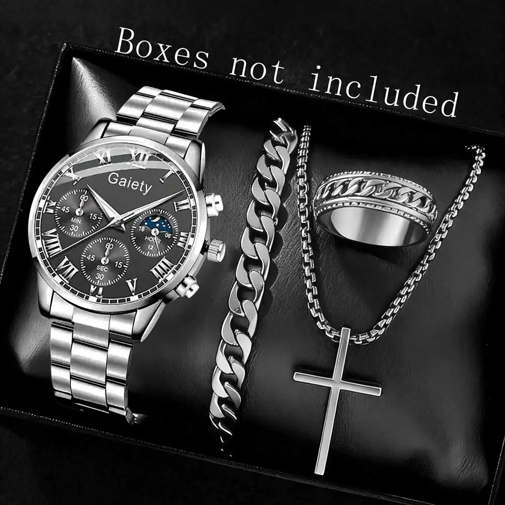 2/4PCS Men Watch Set Business Fashion Quartz Watch Bracelet Necklace Ring Set Suitable for Daily Clothing Matching Perfect Gift