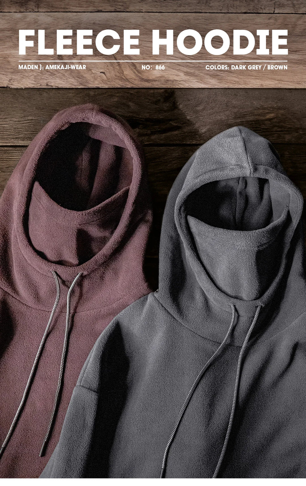 Maden Casual Polar Fleece Hooded Sweatshirt Solid Color Windproof Pullover with Face Mask Warm Tops for Men's Fall and Winter