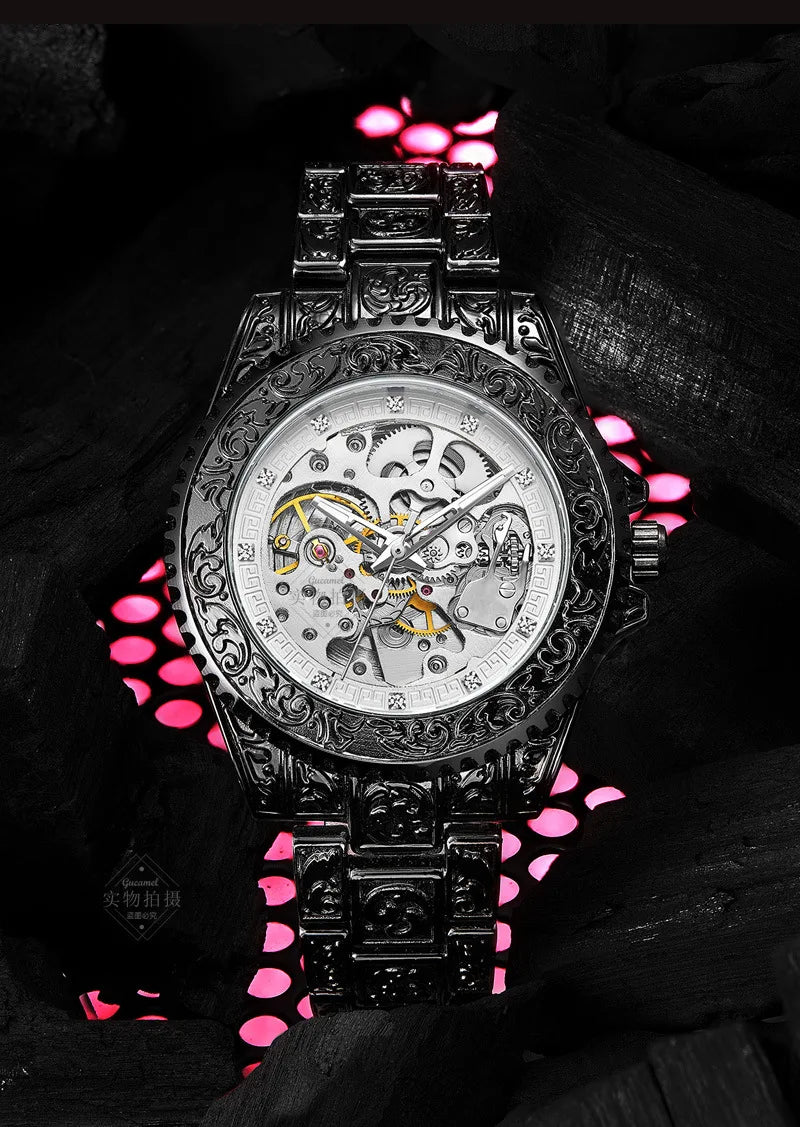 UTHAI M11 New Men watch hollowed out retro carved automatic mechanical watch cool clock gift，watches for man
