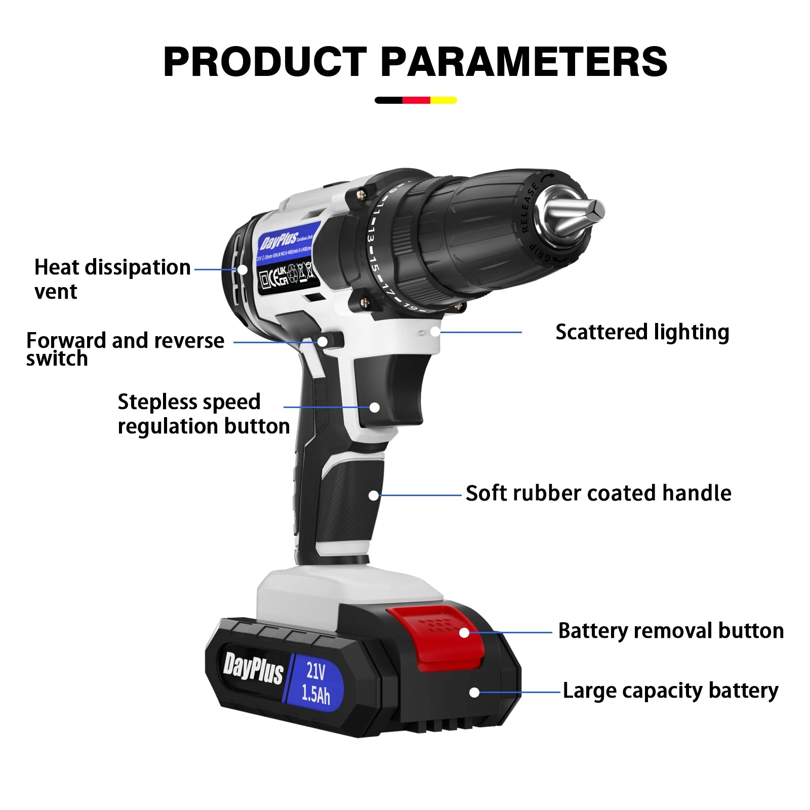 45Nm Cordless Drill with 2 X 1.5Ah Li-Ion Batteies and Charger, 140W, 25+1 Torque, 2 Speed, 2700RPM, 29 Accessories, Carry Case