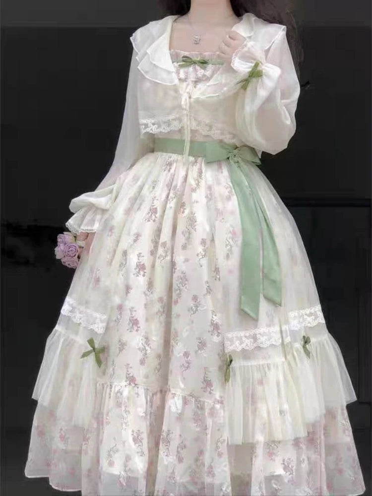 Design Sweet Summer Sling Dress 2-piece Set Women Fashion France Bow Lace Print Fairy Dresses Elegant Chic New Sunscreen Shirt
