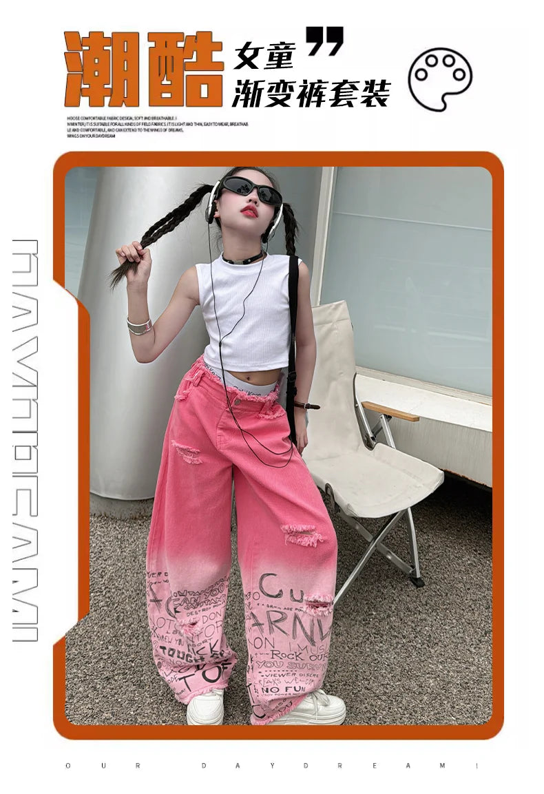 junior girls pink gradient color hole wide leg jeans cotton teenager kids Mop pants pant children trousers adolecentes 4 12 14