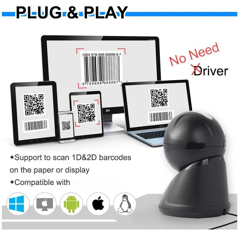 New Arrial Foldable Omnidirectional Desktop 2D Barcode Scanner Automatic Wired USB Platform Bar Code Reader for Supermarket
