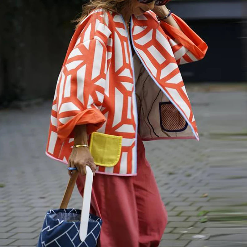 New Printed Pocket Wide Sleeved Ladies Outwear Loose Fashion Women's Double Sided Jacket 2023 Chic Casual Party Street Wear