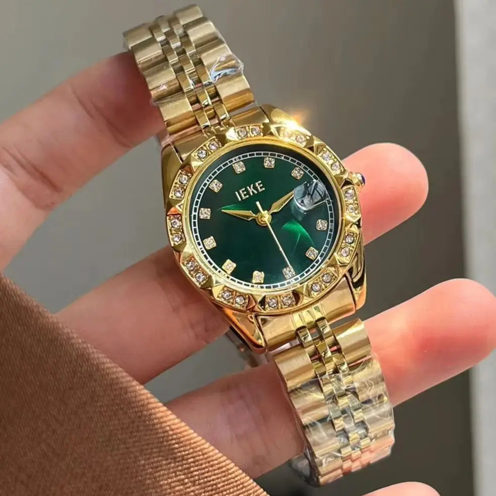 Women's Crystal Accented with Solid Alloy Steel Band Watch Elegant Dress Quartz Calendar Watches for Women