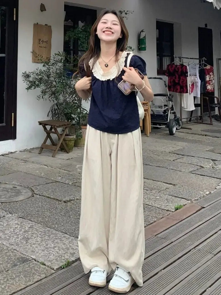 Women Summer 2025 New Short-sleeved Shirt Top High Waist Loose Wide-leg Pants Two-piece Set